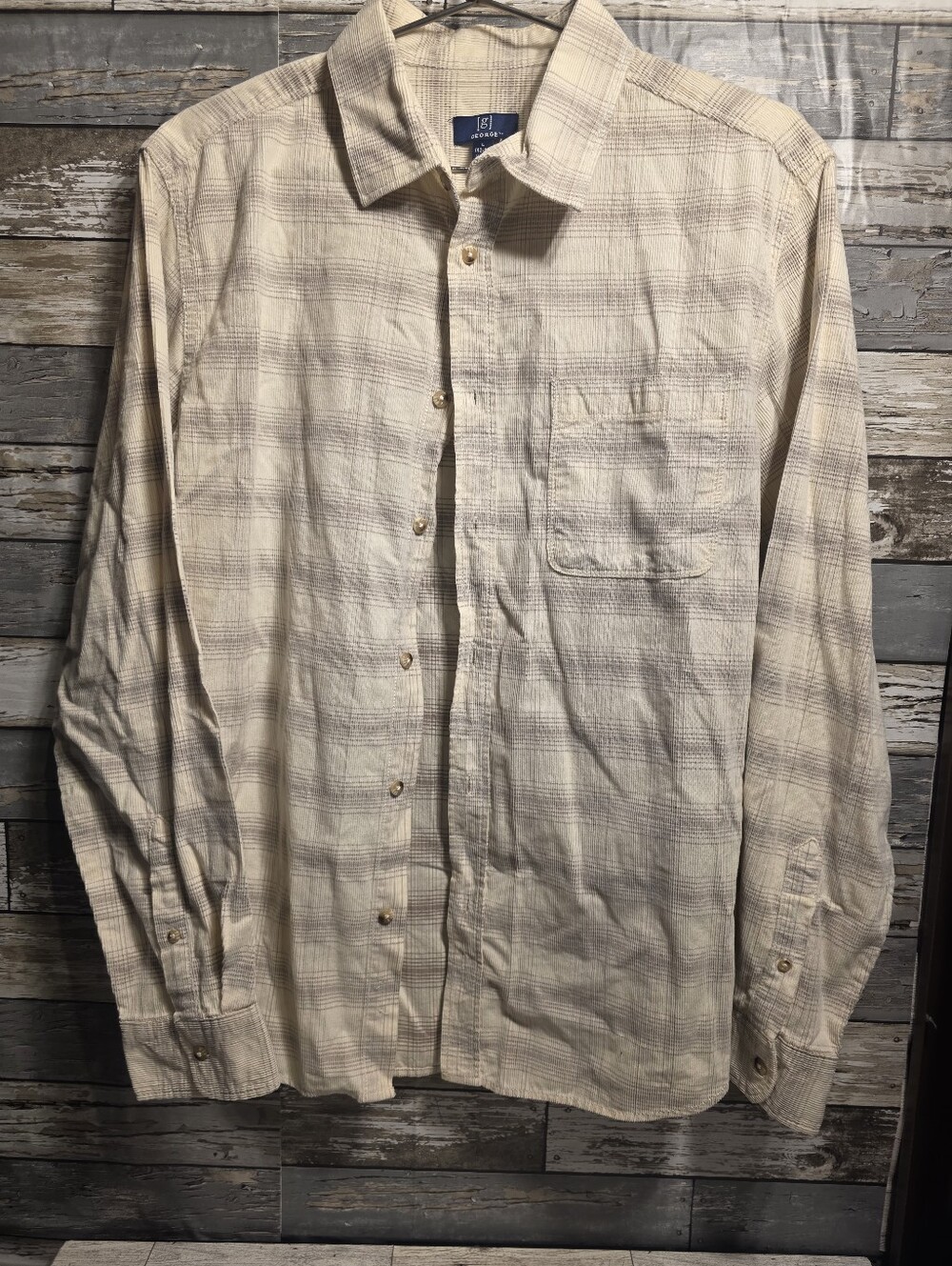 George Beige Plaid Long-Sleeve Button-Down Shirt